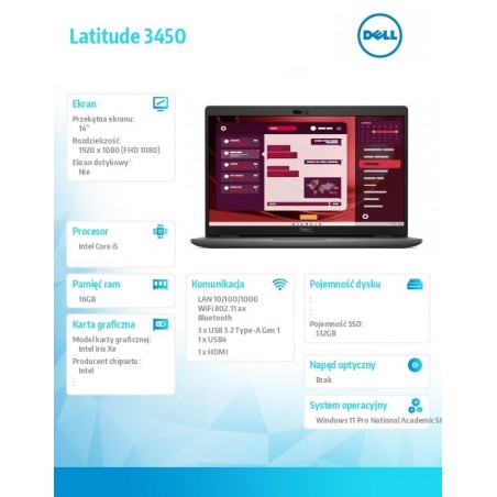 Laptop Latitude 3450 W11ProEDU i5-1345U/16/512/INT/5YB Laptop Latitude 3450 W11ProEDU i5-1345U/16/512/INT/5YB