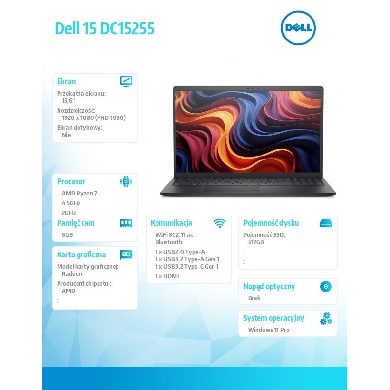 Laptop Dell 15 DC15255 W11P R7-7730U/16GB/512GB SSD/AMD Radeon/WLAN + BT/15.6' FHD/Backlit Kb/3 Cell/65W/3YPS Carbon Black (Plas Laptop Dell 15 DC15255 W11P R7-7730U/16GB/512GB SSD/AMD Radeon/WLAN + BT/15.6' FHD/Backlit Kb/3 Cell/65W/3YPS Carbon Black (Plas
