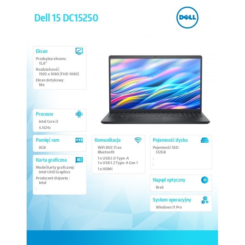Laptop Dell 15 DC15250 W11P i3-1305U/8GB/512GB SSD/UHD/WLAN + BT/15.6 FHD/Backlit Kb/3 Cell/65W/3YPS Carbon Black (Plastic) Laptop Dell 15 DC15250 W11P i3-1305U/8GB/512GB SSD/UHD/WLAN + BT/15.6 FHD/Backlit Kb/3 Cell/65W/3YPS Carbon Black (Plastic)