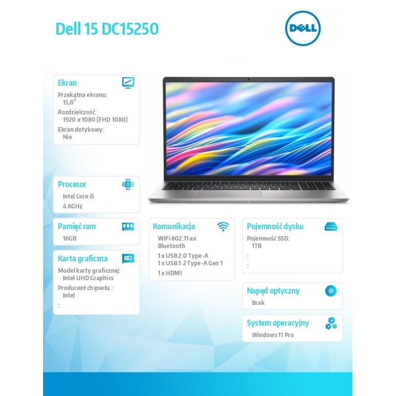 Laptop Dell 15 DC15250 W11P i5-1334U/16GB/1TB SSD/UHD/FgrPr/WLAN + BT/15.6 FHD/Backlit Kb/3 Cell/65W/3YPS Platinum Silver (Alumi