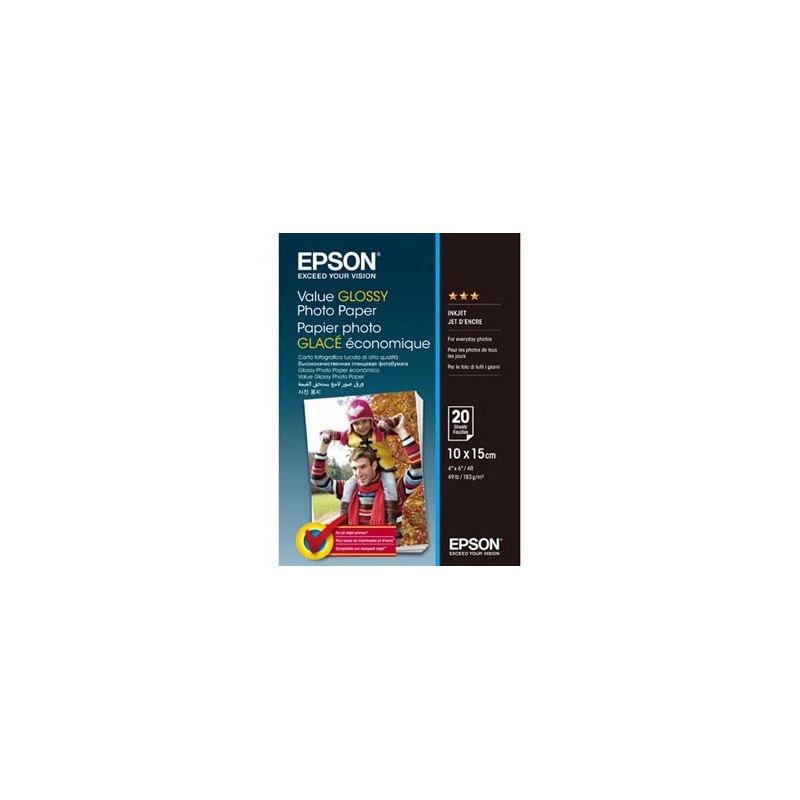 Epson Value Glossy Photo Paper, C13S400037, foto papier, połysk, biały, 10x15cm, 183 g/m2, 20 szt., atrament