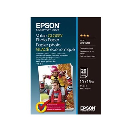 Epson Value Glossy Photo Paper, C13S400037, foto papier, połysk, biały, 10x15cm, 183 g/m2, 20 szt., atrament