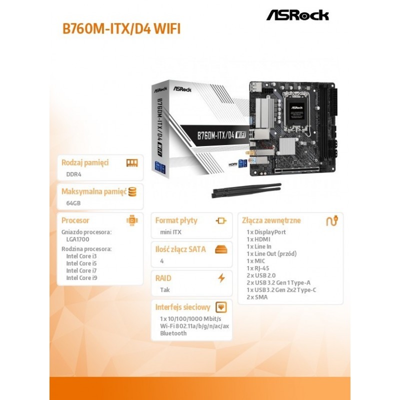 Płyta główna B760M-ITX D4 WIFI s1700 2DDR4 mITX M.2 USB-C Płyta główna B760M-ITX D4 WIFI s1700 2DDR4 mITX M.2 USB-C