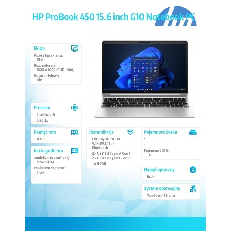 Notebook 450 G10 i5-1334U 1TB/16GB/W11H/15,6 cali AD1G6ET Notebook 450 G10 i5-1334U 1TB/16GB/W11H/15,6 cali AD1G6ET