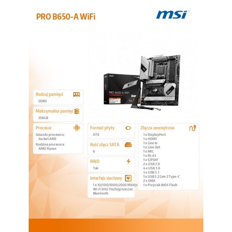 Płyta główna PRO B650-A WIFI AM5 4DD 5 HDMI/DP mATX Płyta główna PRO B650-A WIFI AM5 4DD 5 HDMI/DP mATX