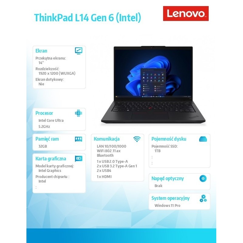 Notebook ThinkPad L14 G6 21S6004EPB W11Pro Ultra 7 255U/32GB/1TB/INT/14.0 WUXGA/Black/3YRS OS + 1YR Premier Support + CO2 Offset Notebook ThinkPad L14 G6 21S6004EPB W11Pro Ultra 7 255U/32GB/1TB/INT/14.0 WUXGA/Black/3YRS OS + 1YR Premier Support + CO2 Offset