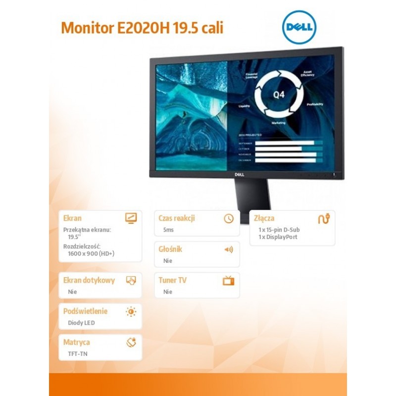 Monitor E2020H 19.5 cali LED TN (1600x900) /16:9/VGA/DP 1.2/3Y PPG