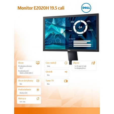 Monitor E2020H 19.5 cali LED TN (1600x900) /16:9/VGA/DP 1.2/3Y PPG Monitor E2020H 19.5 cali LED TN (1600x900) /16:9/VGA/DP 1.2/3Y PPG