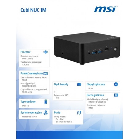 Komputer Cubi NUC 1M-001EU WIN11PRO/IC7-150U/16GB/1TB/WiFi/BT5.3/Czarny Komputer Cubi NUC 1M-001EU WIN11PRO/IC7-150U/16GB/1TB/WiFi/BT5.3/Czarny