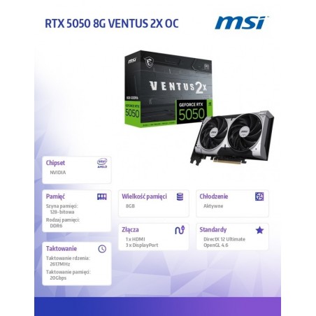 Karta graficzna RTX 5050 8GB VENTUS 2X OC GDDR6 128BIT DP/HDMI Karta graficzna RTX 5050 8GB VENTUS 2X OC GDDR6 128BIT DP/HDMI
