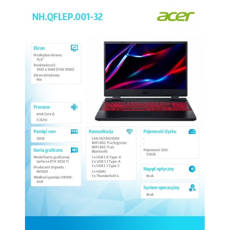 Notebook AN515-58-561U ESHELL i5-12500H/32GB/512SSD/RTX3050Ti/15.6 cala Notebook AN515-58-561U ESHELL i5-12500H/32GB/512SSD/RTX3050Ti/15.6 cala