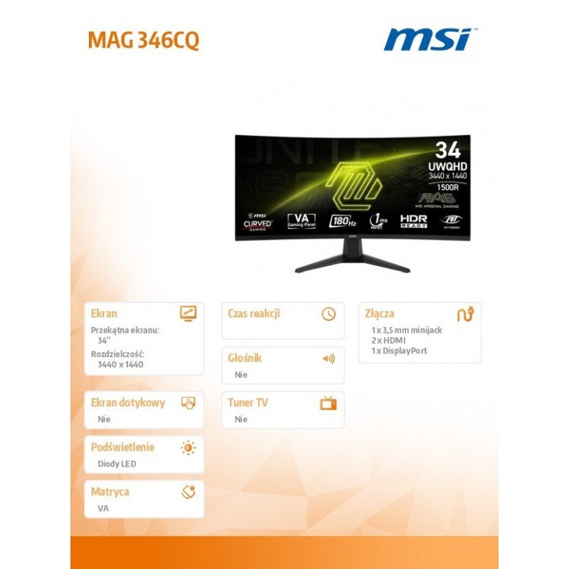 Monitor MAG 346CQ 34 cale/LED/UWQHD/Curved/180Hz/czarny
