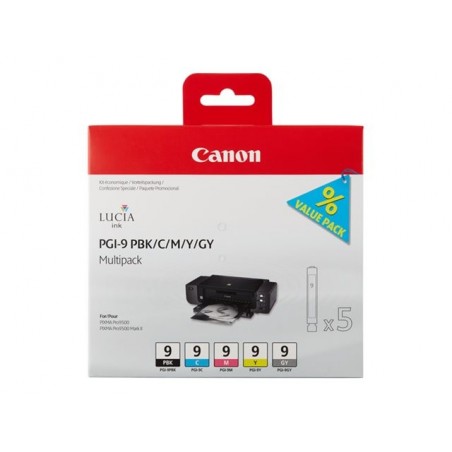 CANON 1LB PGI-9 PBK C M Y GY ink cartridge black and four colour standard capacity combopack blister with alarm CANON 1LB PGI-9 PBK C M Y GY ink cartridge black and four colour standard capacity combopack blister with alarm