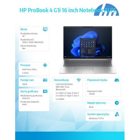 Notebook ProBook 4 G1i U7-255H 512GB/16GB/W11P/16.0 C51MQET Notebook ProBook 4 G1i U7-255H 512GB/16GB/W11P/16.0 C51MQET