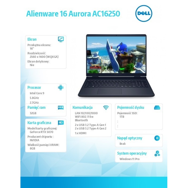Notebook Alienware 16 Aurora AC16250 Win11 Pro C9 270H/32GB/1TB/16.0 WQXGA/GeForce RTX 5070/WLAN + BT/Backlit Kb/6 Cell/3Y Basic Notebook Alienware 16 Aurora AC16250 Win11 Pro C9 270H/32GB/1TB/16.0 WQXGA/GeForce RTX 5070/WLAN + BT/Backlit Kb/6 Cell/3Y Basic