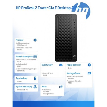 Komputer ProDesk 2 Tower G1a R5-8500G 512GB/16GB/W11P BY7C7ET Komputer ProDesk 2 Tower G1a R5-8500G 512GB/16GB/W11P BY7C7ET