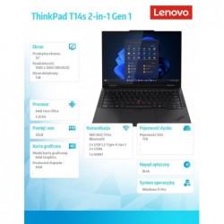 Ultrabook ThinkPad T14s 2in1 G1 21R30041PB W11Pro ULT7 255U/32GB/1TB/INT/14.0 WUXGA/Touch/Black/3YRS Premier Support + CO2 Offse Ultrabook ThinkPad T14s 2in1 G1 21R30041PB W11Pro ULT7 255U/32GB/1TB/INT/14.0 WUXGA/Touch/Black/3YRS Premier Support + CO2 Offse