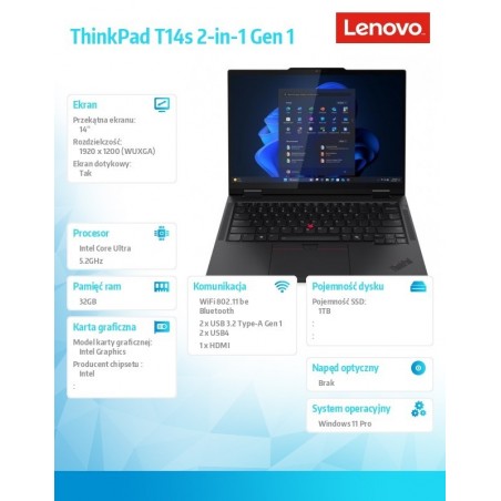 Ultrabook ThinkPad T14s 2in1 G1 21R30041PB W11Pro ULT7 255U/32GB/1TB/INT/14.0 WUXGA/Touch/Black/3YRS Premier Support + CO2 Offse Ultrabook ThinkPad T14s 2in1 G1 21R30041PB W11Pro ULT7 255U/32GB/1TB/INT/14.0 WUXGA/Touch/Black/3YRS Premier Support + CO2 Offse