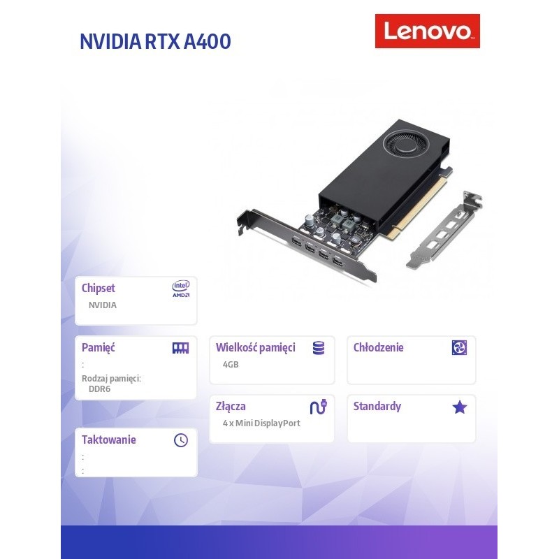 Karta graficzna Nvidia RTX A400 4GB mini-DP*4 GDDR6 Graphics 4X61Q73040 Karta graficzna Nvidia RTX A400 4GB mini-DP*4 GDDR6 Graphics 4X61Q73040