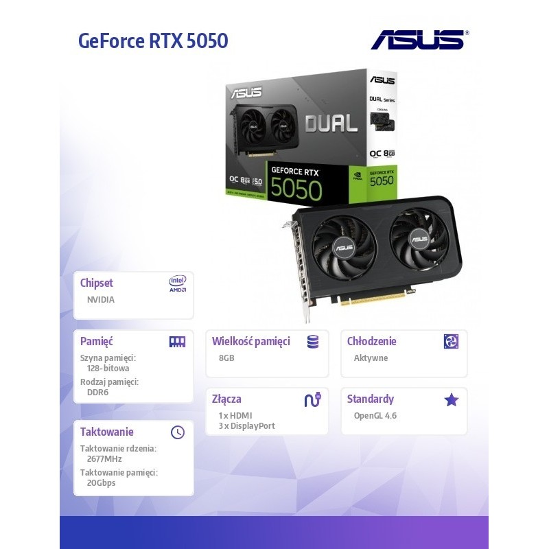 Karta graficzna GeForce RTX 5050 DUAL 8GB OC GDDR6 128BIT 3DP/HDMI Karta graficzna GeForce RTX 5050 DUAL 8GB OC GDDR6 128BIT 3DP/HDMI