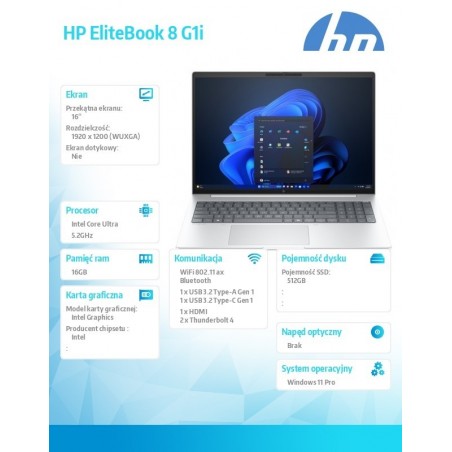 Notebook EliteBook 8 G1i U7-255U 512GB/16GB/W11P/16cali C51LLET Notebook EliteBook 8 G1i U7-255U 512GB/16GB/W11P/16cali C51LLET