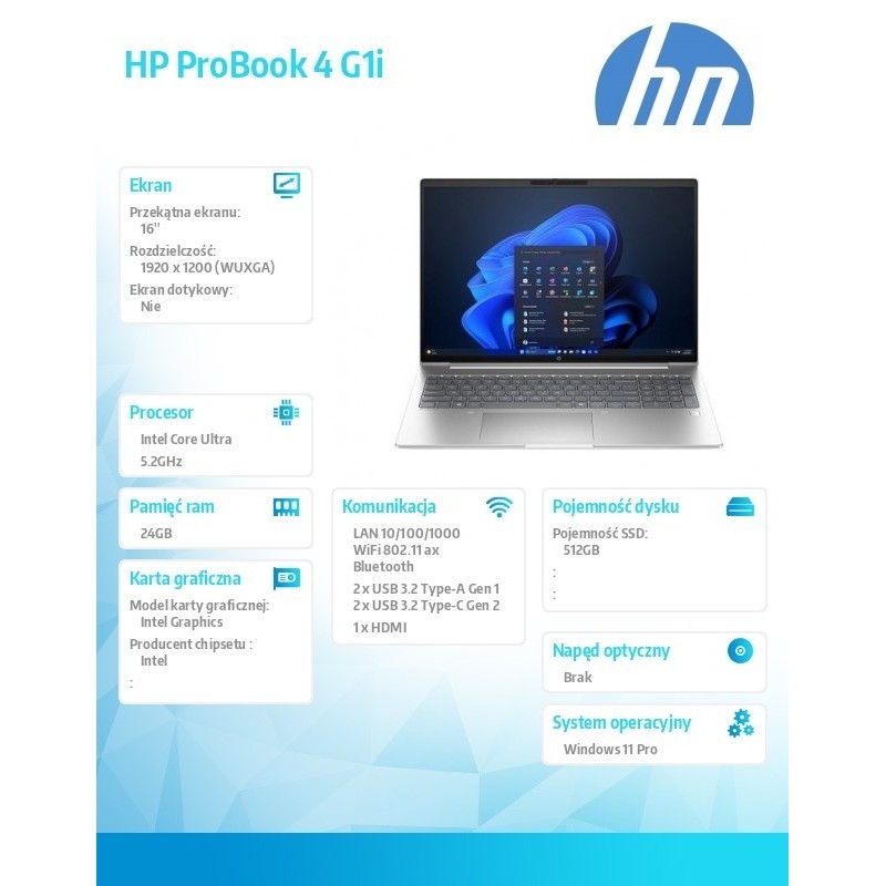 Notebook ProBook 4 G1i U7-255U 512GB/24GB/W11P/16cali C51MTET Notebook ProBook 4 G1i U7-255U 512GB/24GB/W11P/16cali C51MTET