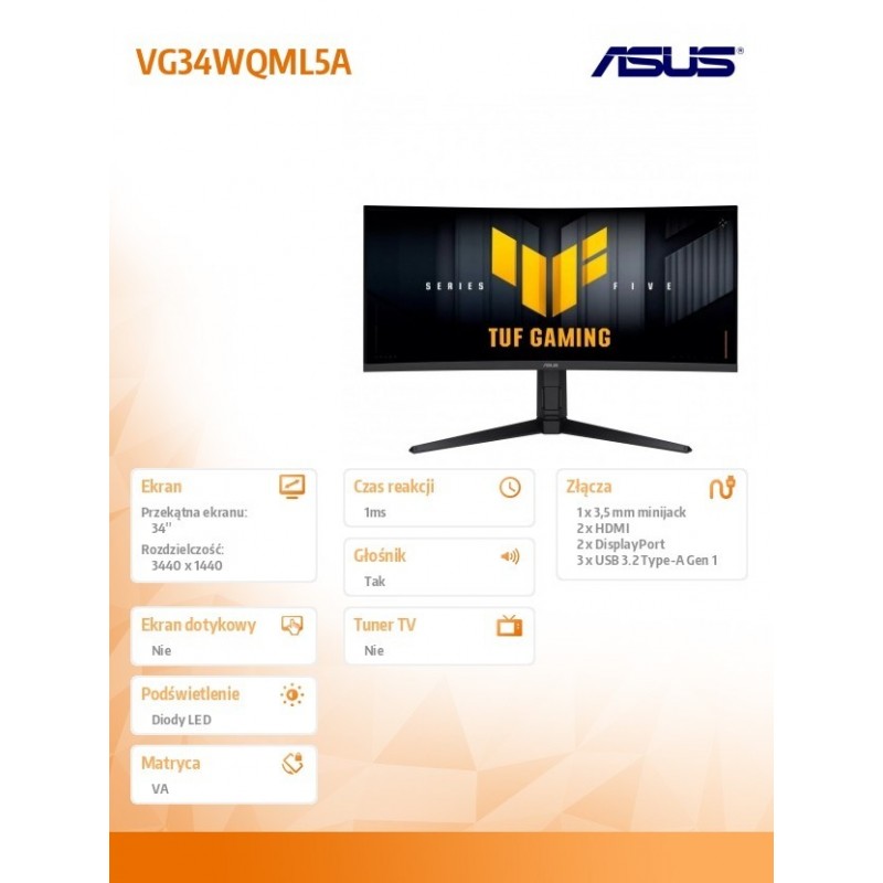 Monitor 34 cale VG34WQML5A WQHD 2DP 2HDMI USB3.2 Monitor 34 cale VG34WQML5A WQHD 2DP 2HDMI USB3.2