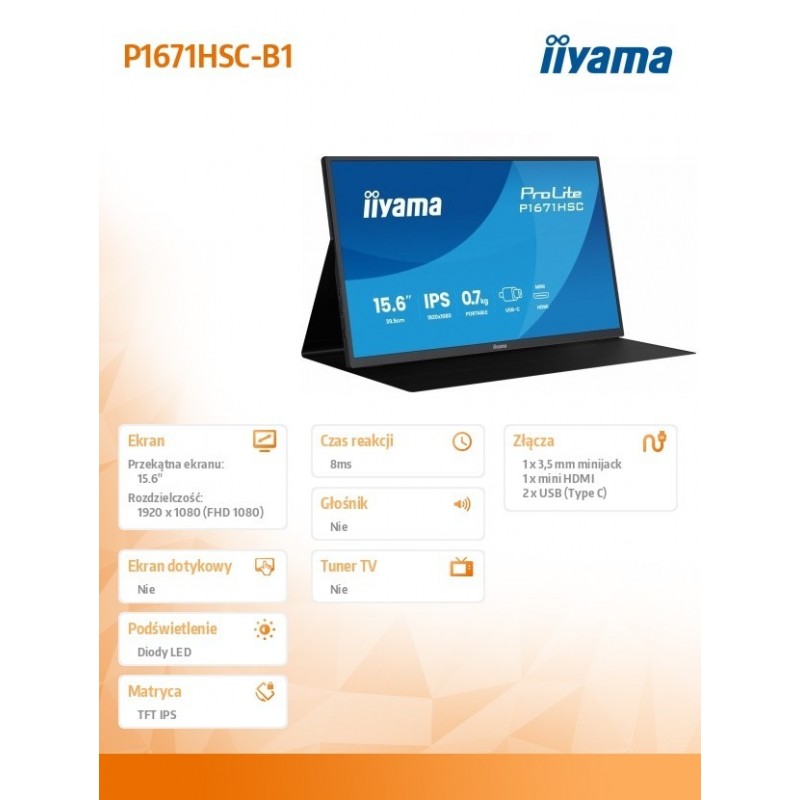 Monitor 15.6 cala P1671HSC-B1 IPS,FHD,miniHDMI,2xUSBC,250cd,8ms,2x1W,  0,7kg Monitor 15.6 cala P1671HSC-B1 IPS,FHD,miniHDMI,2xUSBC,250cd,8ms,2x1W,  0,7kg