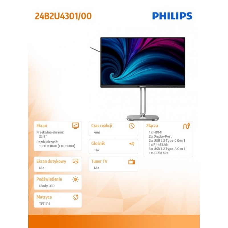 Monitor 24B2U4301 23.8 cala IPS 120Hz HDMI DP USB-C Pivot Głośniki  Monitor 24B2U4301 23.8 cala IPS 120Hz HDMI DP USB-C Pivot Głośniki