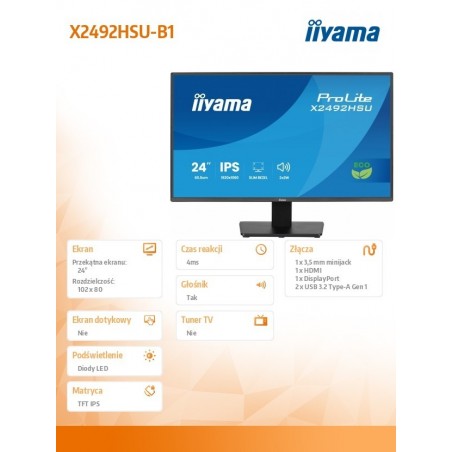 Monitor 24 cale X2492HSU-B1 IPS,FHD,HDMI,DP,120Hz,300cd,4ms,USB HUBx2cienkie ramki, 1500:1, ErP B Monitor 24 cale X2492HSU-B1 IPS,FHD,HDMI,DP,120Hz,300cd,4ms,USB HUBx2cienkie ramki, 1500:1, ErP B