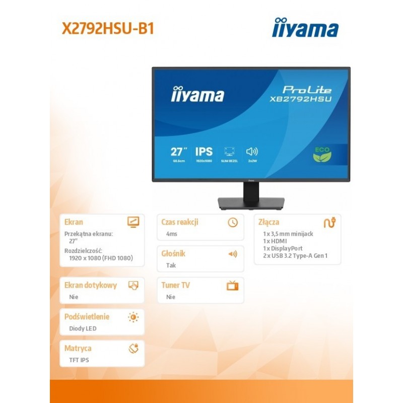 Monitor 27 cali X2792HSU-B1 IPS,FHD,HDMI,DP,120Hz,350cd,4ms,         cienkie ramki, 1500:1, ErP B, USB HUBx2 Monitor 27 cali X2792HSU-B1 IPS,FHD,HDMI,DP,120Hz,350cd,4ms,         cienkie ramki, 1500:1, ErP B, USB HUBx2