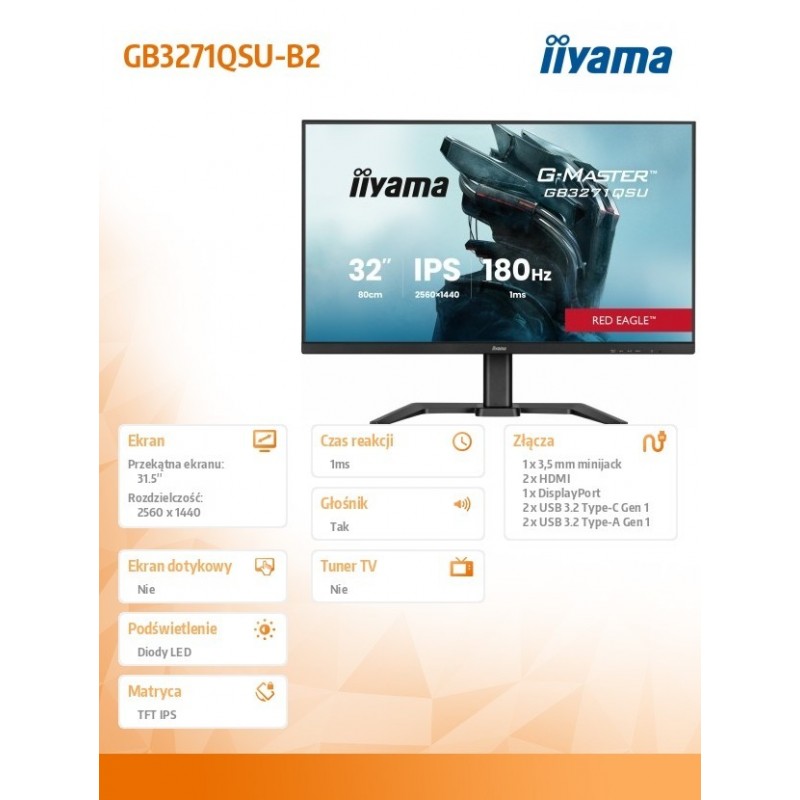 Monitor 31.5 cala GB3271QSU-B2 1ms,IPS,180Hz,2x HDMI,DP,400cd,FreeSync QHD,2x USB(3.2),2x USB-C,2x 4.5W,HAS-150mm Monitor 31.5 cala GB3271QSU-B2 1ms,IPS,180Hz,2x HDMI,DP,400cd,FreeSync QHD,2x USB(3.2),2x USB-C,2x 4.5W,HAS-150mm