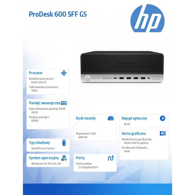 Komputer poleasingowy ProDesk 600 G5 SFF Core i5 9500 (9-gen.)   3,0 GHz / 16 GB / 480 SSD / Win 11 Prof. 