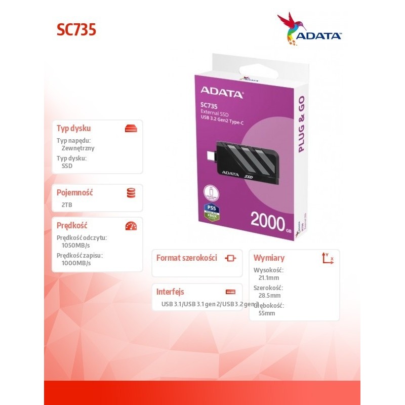 Dysk SSD External SC735 2TB U3.2C 1000/1000MB/s Grey 