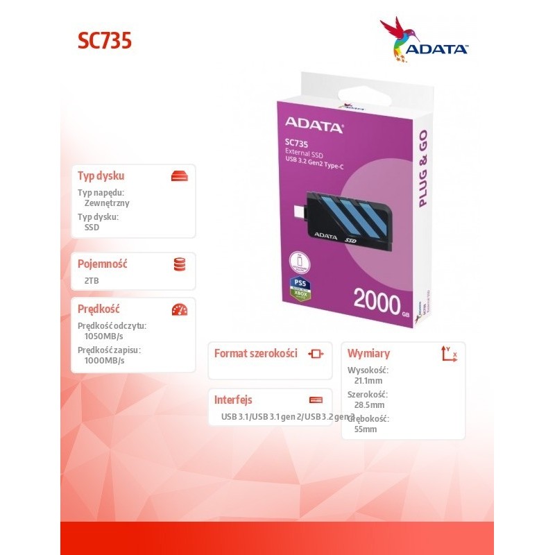 Dysk SSD External SC735 2TB U3.2C 1000/1000MB/s Blue 