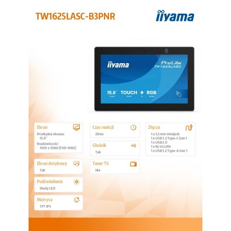 Monitor 16 cali TW1625LASC-B3PNR ANDROID 14,FHD,10PKT,450cd,2x2W,    4xUSB, 1xUSB-C,RJ45, MIC, RK3567, 4/32GB, LED lightbar, iiS