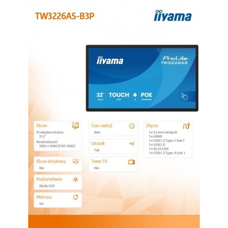 Monitor 32 cale TW3226AS-B3P POJ.10PKT.VA.24/7.FHD,500cd,HDMI,3xUSB, 1xUSB-c,RJ45,MIC, 2x5W,ANDROID 14,RK3567, 4/32GB, iiSign2 Monitor 32 cale TW3226AS-B3P POJ.10PKT.VA.24/7.FHD,500cd,HDMI,3xUSB, 1xUSB-c,RJ45,MIC, 2x5W,ANDROID 14,RK3567, 4/32GB, iiSign2