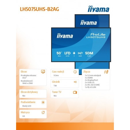 Monitor 50 cali LH5075UHS-B2AG,24/7,VA,ANDROID.11,4K,500cd,3xHDMI,DP, RJ45,2x10W,2xUSB,WiFi,4/32GB,24/7,A311D2, full daisy chain Monitor 50 cali LH5075UHS-B2AG,24/7,VA,ANDROID.11,4K,500cd,3xHDMI,DP, RJ45,2x10W,2xUSB,WiFi,4/32GB,24/7,A311D2, full daisy chain