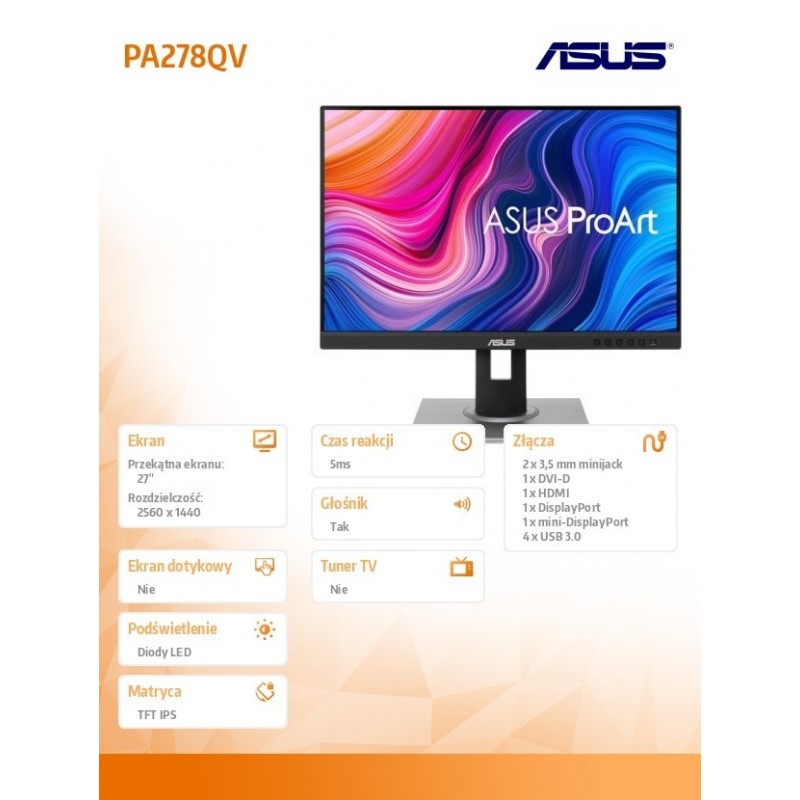 Monitor 27 cali ProArt PA278QV IPS WQHD HDMI DP mDP HUB USB sRGB: 100%  Monitor 27 cali ProArt PA278QV IPS WQHD HDMI DP mDP HUB USB sRGB: 100%