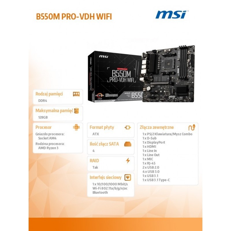 Płyta główna B550M PRO-VDH WIFI AM4 4DDR4 HDMI/DP/VGA M.2 mATX