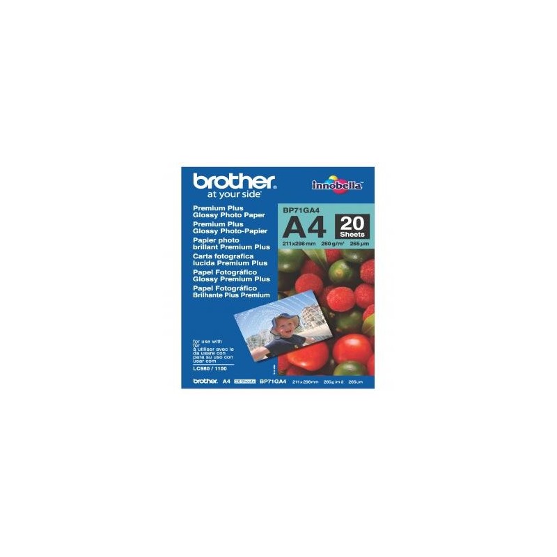 Brother Glossy Photo Paper, BP71GA4, foto papier, połysk, biały, A4, 260 g/m2, 20 szt., atrament