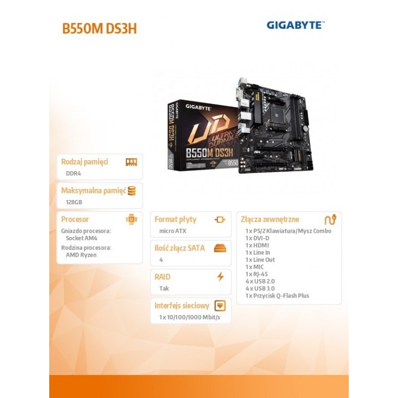 Płyta główna B550M DS3H AM4 4DDR4 HDMI/DVI M.2 USB3.2 mATX