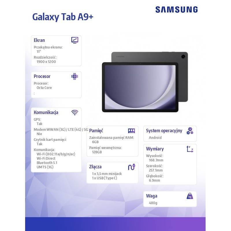 Tablet Galaxy Tab A9+ Rework 11 cali Wifi 6/128GB szary