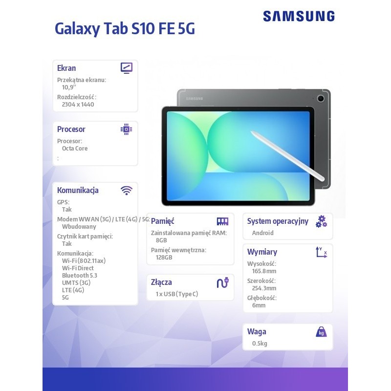 Tablet Galaxy Tab S10 FE X526 10.9 cala 5G 12/256GB szary Tablet Galaxy Tab S10 FE X526 10.9 cala 5G 12/256GB szary