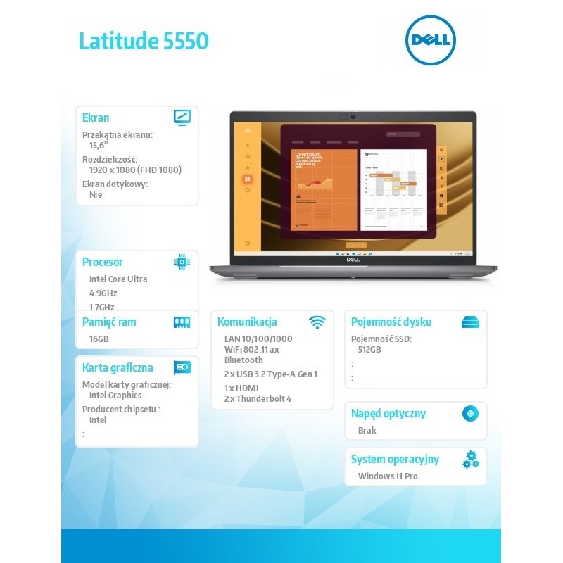 Laptop Latitude 5550 Win11Pro U7 165U/16GB/512GB/15.6 FHD/Integrated/FgrPr/FHD IR Cam/Mic/WLAN + BT/Backlit Kb/3 Cell/vPro/3YPS