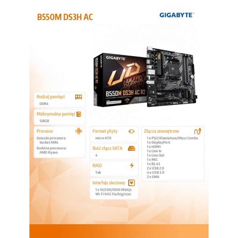 Płyta główna B550M DS3H AC R2 AM4 4DDR4 HDMI/DVI mATX 