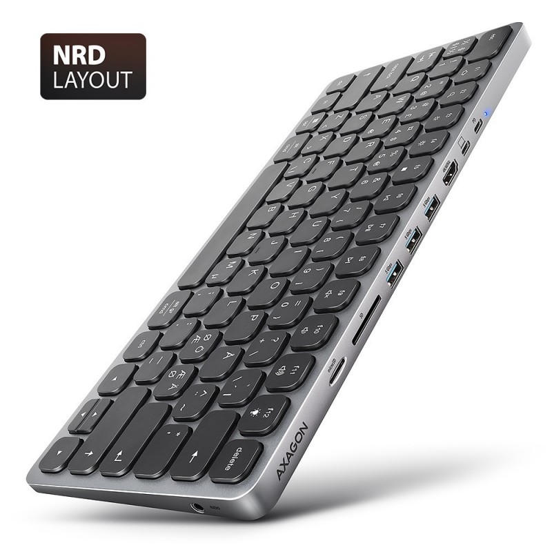 Klawiatura HMC-KB-NRD USB-C 5Gbps z wieloportowy hub 9in1, SD/microSD, 3x USB-A, HDMI 4K/60Hz, PD 100W, Audio, Nordic layout, 60
