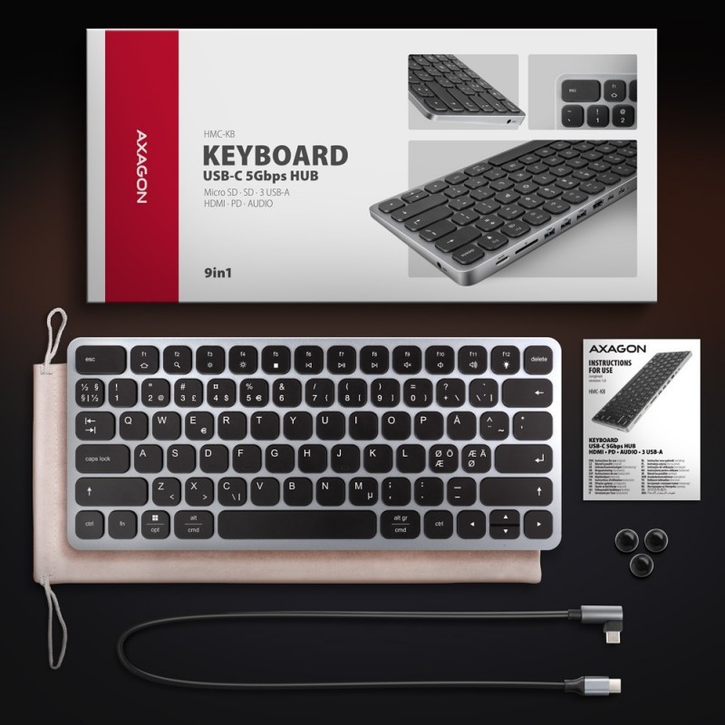 Klawiatura HMC-KB-NRD USB-C 5Gbps z wieloportowy hub 9in1, SD/microSD, 3x USB-A, HDMI 4K/60Hz, PD 100W, Audio, Nordic layout, 60 Klawiatura HMC-KB-NRD USB-C 5Gbps z wieloportowy hub 9in1, SD/microSD, 3x USB-A, HDMI 4K/60Hz, PD 100W, Audio, Nordic layout, 60