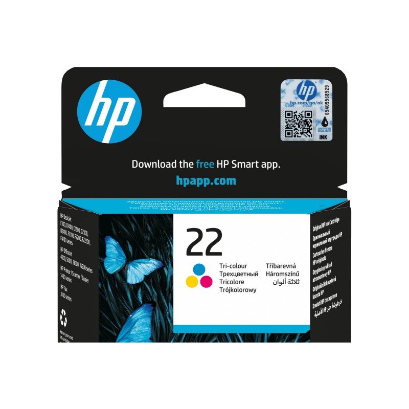 HP 22 original ink cartridge tri-colour standard capacity 5ml 165 pages 1-pack HP 22 original ink cartridge tri-colour standard capacity 5ml 165 pages 1-pack