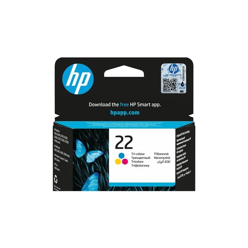 HP 22 original ink cartridge tri-colour standard capacity 5ml 165 pages 1-pack HP 22 original ink cartridge tri-colour standard capacity 5ml 165 pages 1-pack